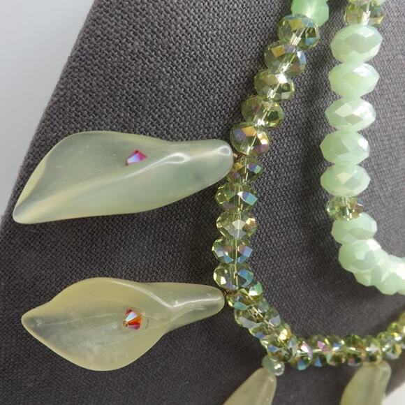 Hand-crafted Light Green Beaded Necklace, Art Glass Florals & Beads, 19 Inches - Picture 5 of 10